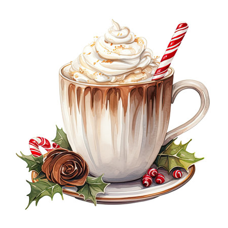 Christmas drink hot chocolate watercolor illustration on white background.の素材