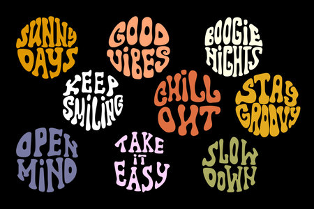 Set motivational slogan lettering in groovy style in a circleのイラスト素材