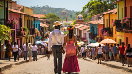 Lifestyle in Colombia with men and woman in the street.の素材