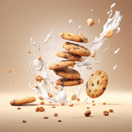 American chocolate chip cookies with milk splashes.の素材
