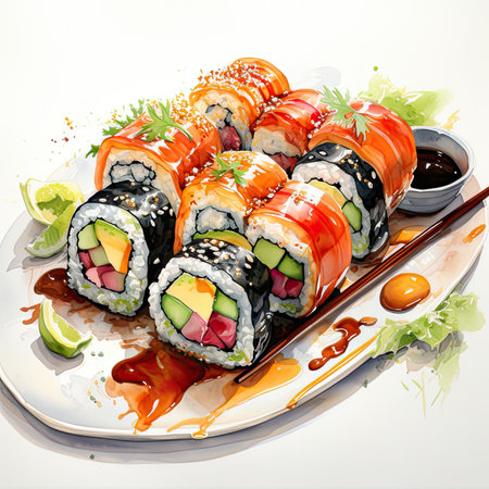 Sushi rolls watercolor illustration of traditional Japanese food.の素材