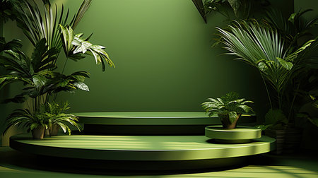3d green color podium with tropical plants.の素材