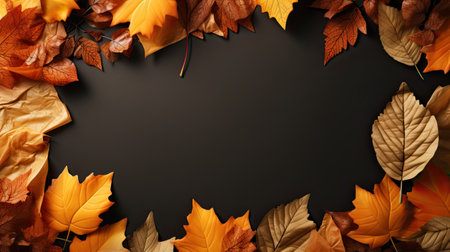 Autumn background template with 3d illustration yellow leaves dark background.の素材
