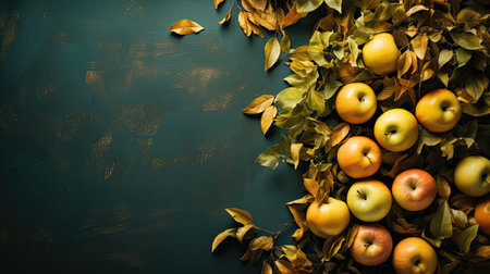 Autumn background template with apples and yellow leaves on a dark background.の素材