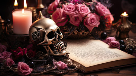 Mystical background with skull candles and flowers.の素材