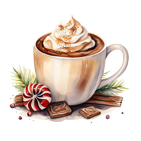 Christmas drink hot chocolate watercolor illustration on white background.の素材