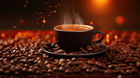 Background template with cup of coffee and grains for text.の素材