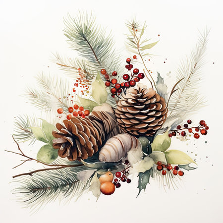 Christmas composition with pine cones and fir branch watercolor illustration.の素材