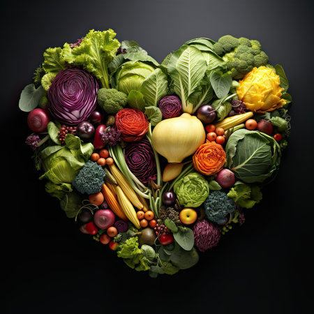 Heart with vegetable illustration on black background.の素材