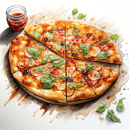 Pizza with tomato and basil on a white background.の素材