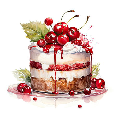 Cherry raspberry dessert with cream watercolor illustration.の素材