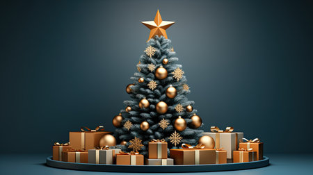 Festive 3d background with Christmas tree and gift boxes blue gold color.の素材