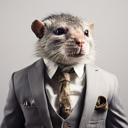 Anthropomorphic animal mouse in a suit in the style of a studio portrait.の素材