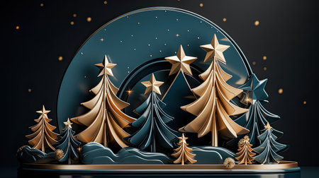 Festive 3d background with Christmas tree blue gold color.の素材