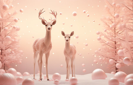 Christmas 3d decorative composition with winter trees and deer.の素材