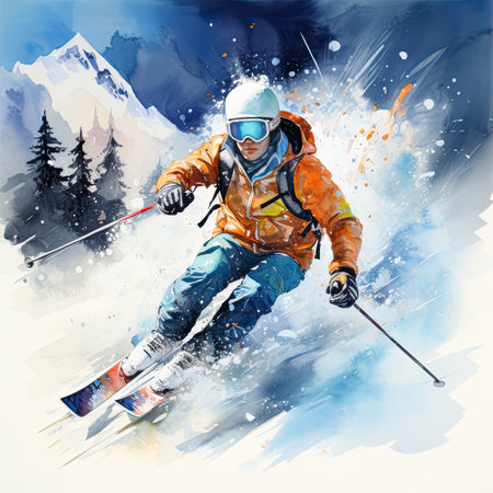 Dynamic watercolor illustration of skiing in snowy mountains.の素材