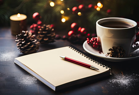Planner and cup of coffee on festive winter background.の素材