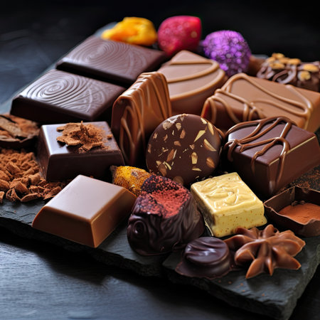 Various chocolate candies, delicious candies with different designs and with different fillings.の素材