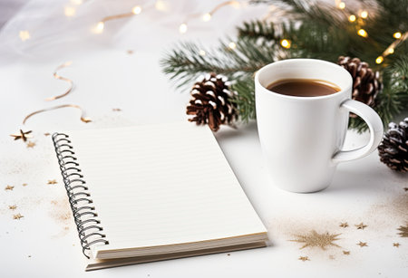 Festive winter background with notebook and cup of coffee for planning in light color color.の素材