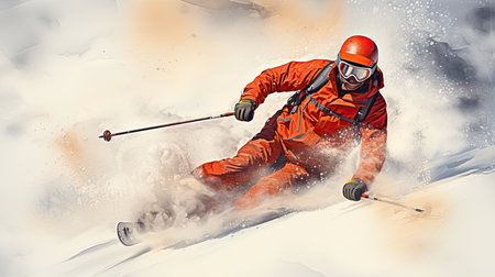 Dynamic watercolor illustration of skiing in snowy mountains.の素材