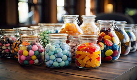 Glass jars with different candies bright colorful photo.の素材