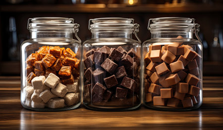 Glass jars with different chocolate candies.の素材