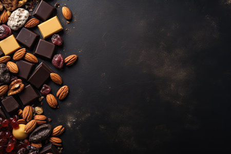 Dark background with chocolate candies top view for text.の素材