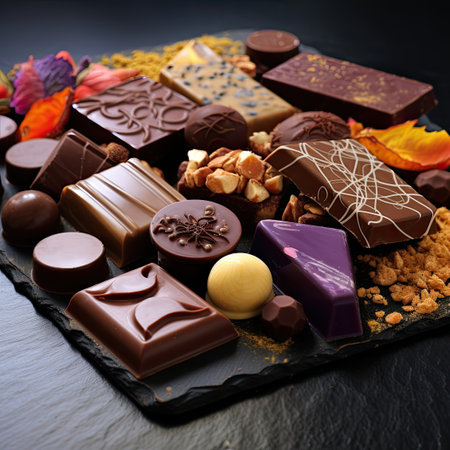 Various chocolate candies, delicious candies with different designs and with different fillings.の素材