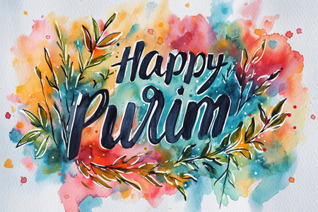 Happy Purim colorful bright watercolor background.の素材