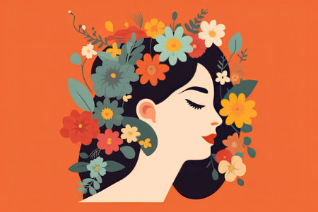 Illustration of woman with flowers in hair in flat style on orange background.の素材