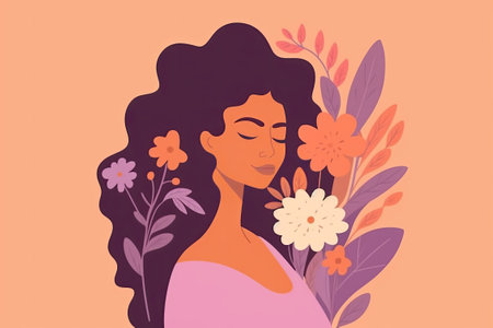 Illustration of woman and flowers in flat style in orange violet color.の素材