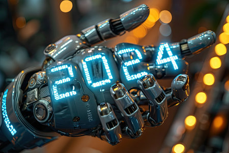 Date 2024 on the robot's hand artificial intelligence.の素材