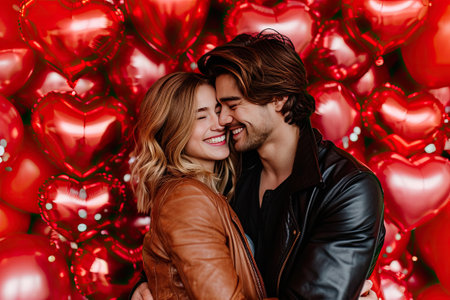 Love couple hug in front of a heart balloons red color.の素材