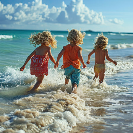 Back view of three children running in shallow water on the beach, with sunlight reflecting.の素材