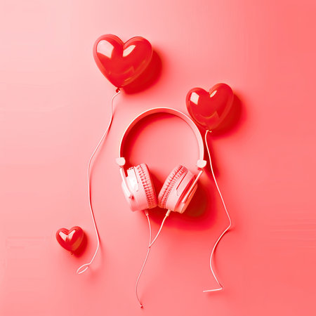 Pink headphones with heart shaped balloons on red pink background, symbol love music.の素材