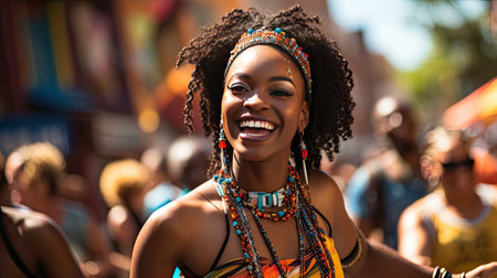 Vibrant young woman enjoying a colorful street festival with a crowdの素材