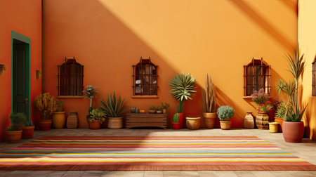 A peaceful courtyard showcasing traditional Mexican decor and a striped rugの素材