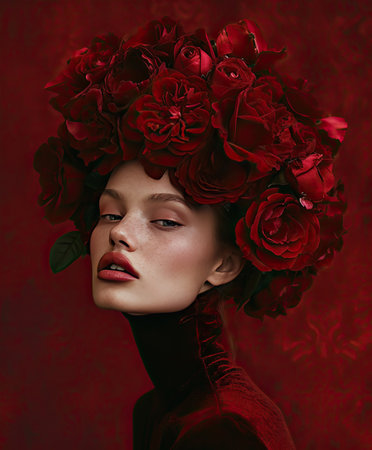 Creative portrait of a beautiful woman with red roses on her head.の素材