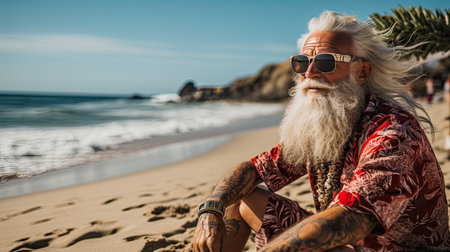A fashionable senior man with a long beard relaxes on the beach, exuding confidenceの素材