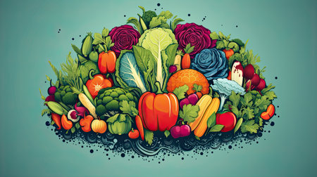 Lush vegetable illustration with an assortment of garden veggies.の素材