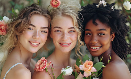 Three young women of different ethnicities with pastel roses, natural beauty.の素材