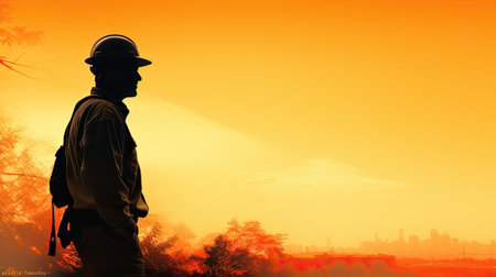 Silhouette of a lone worker overlooking a cityscape during a vibrant sunsetの素材