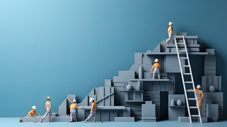 Miniature workers on a bookshelf assembling geometric shapesの素材