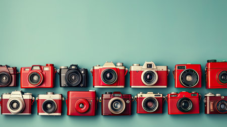 Array of retro cameras lined up against a teal backdropの素材