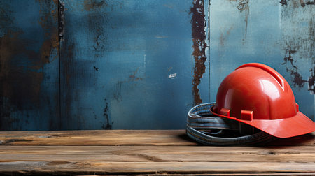 Red hard hat and coiled blueprints on a rustic wooden surface with a grunge blue backdrop.の素材