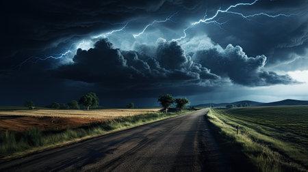 Intense lightning storm illuminating a dark sky above a quiet countryside roadの素材