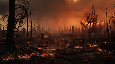 Intense wildfire consuming a forest, with a path leading through the inferno under a smoky skyの素材