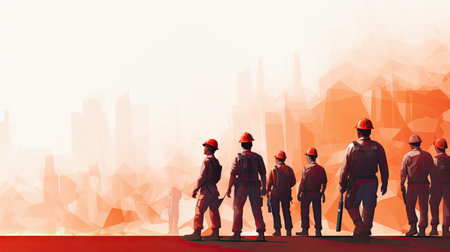 A digitally crafted illustration of construction workers against an orange geometric cityscape at dawnの素材