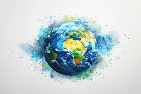 A vivid watercolor painting of Earth splashed with vibrant colors on a white backgroundの素材