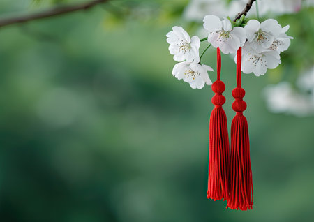 Traditional Martisor red and white tassels juxtaposed with pristine blossoms, a symbol of spring's renewalの素材